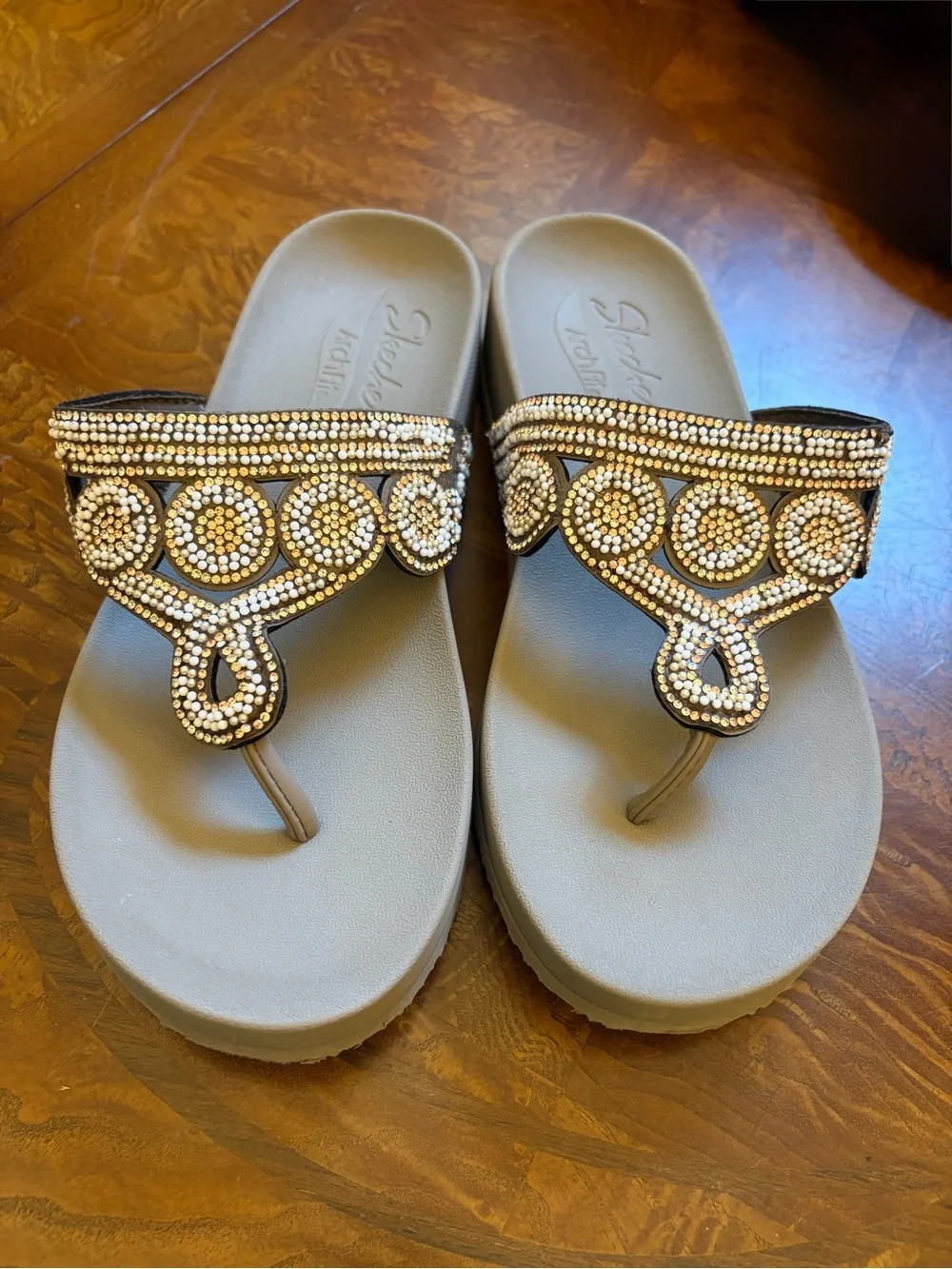 Skechers Taupe Wedge Thong Sandals with Gold Rhinestone Accents